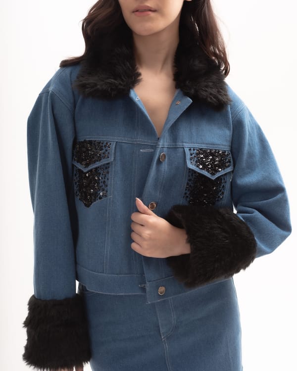 Denim Jacket with Faux Fur Trim and Sequin Pockets — MAGIA