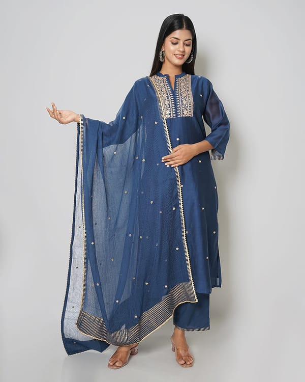 Inked Blue Marori Work Chanderi Suit Set — Kameez