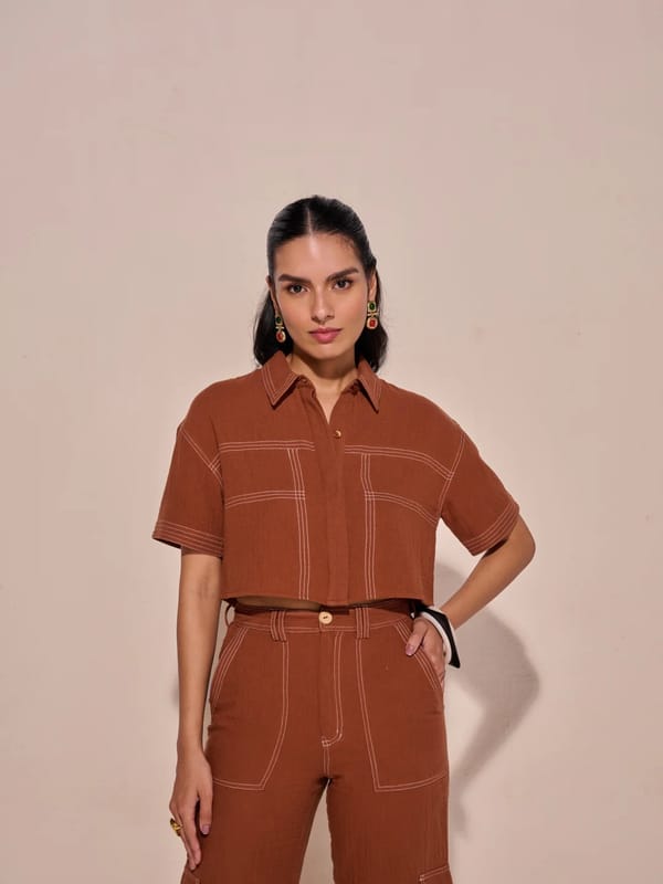 Brown Cropped Cotton Shirt with Contrast Stitching — Style Island