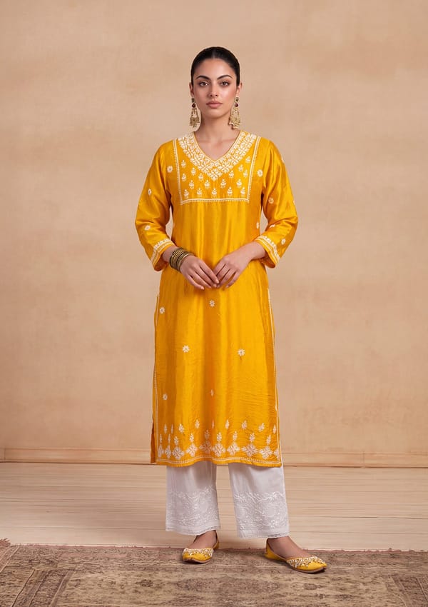 Chikankari Solid Women'S Long Kurta - Yellow — House Of Chikankari