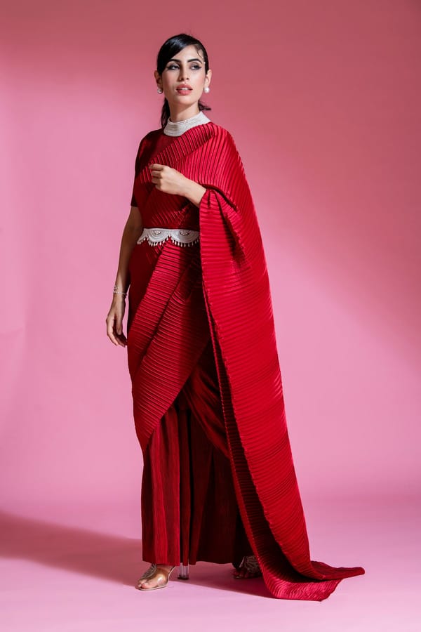 Red Pleated Satin Saree Set with Belt and Pearl Collar — PREETI MEHTA
