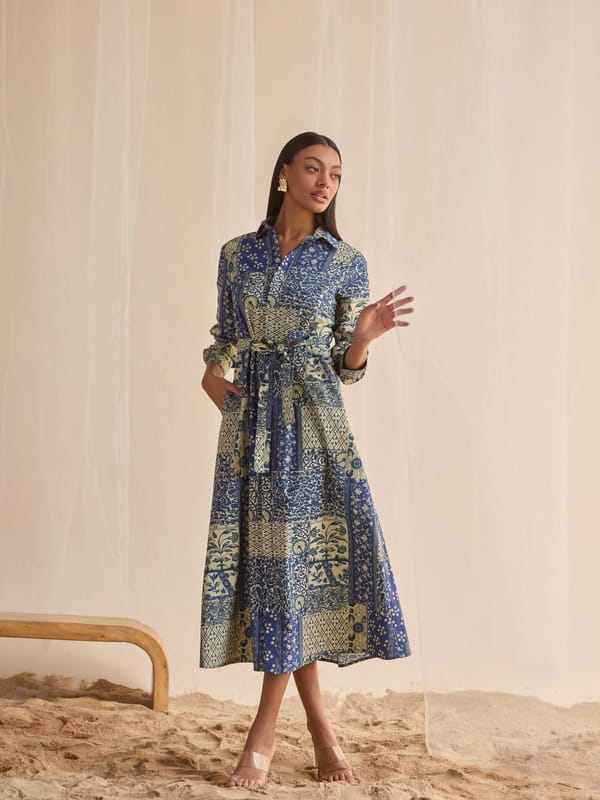 Blue Printed Midi Shirt Dress with Waist Tie — Style Island