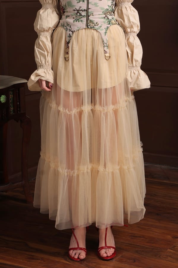 Beige Net Tiered Maxi Skirt — LABEL MUSLIN