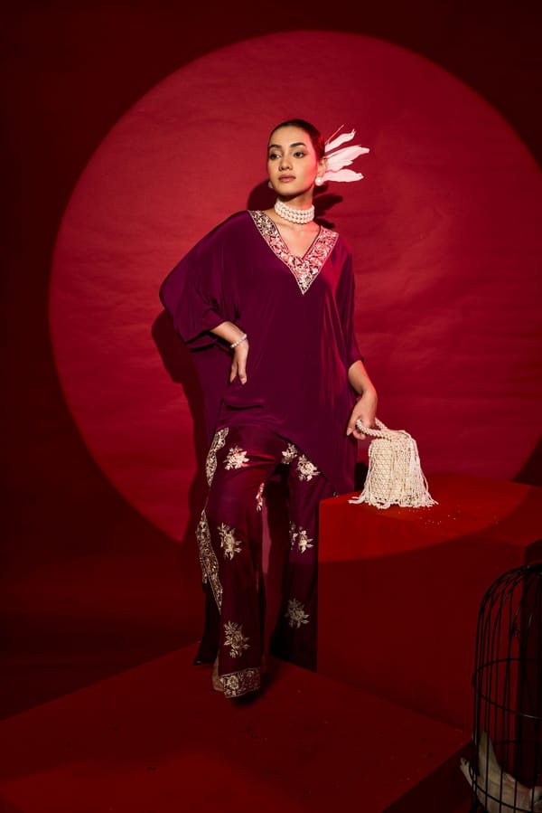 Maroon Georgette Embroidered Co-ord Set with Slit Pants — TASUVURE