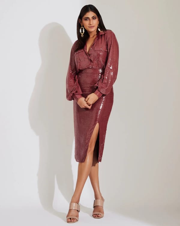 Sorbet Red Sequin High-Waist Slit Midi Skirt — Torqadorn