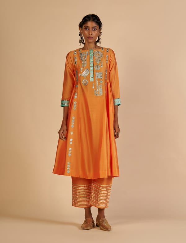 Orange Silk Chanderi Flared Kali Kurta with Gota Applique — Gulabo by Abu Sandeep