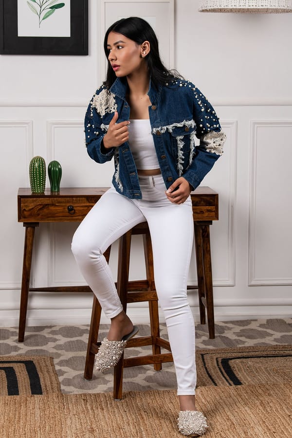 Dark Denim Pearl Embellished Lace Applique Jacket — Rhe-Ana