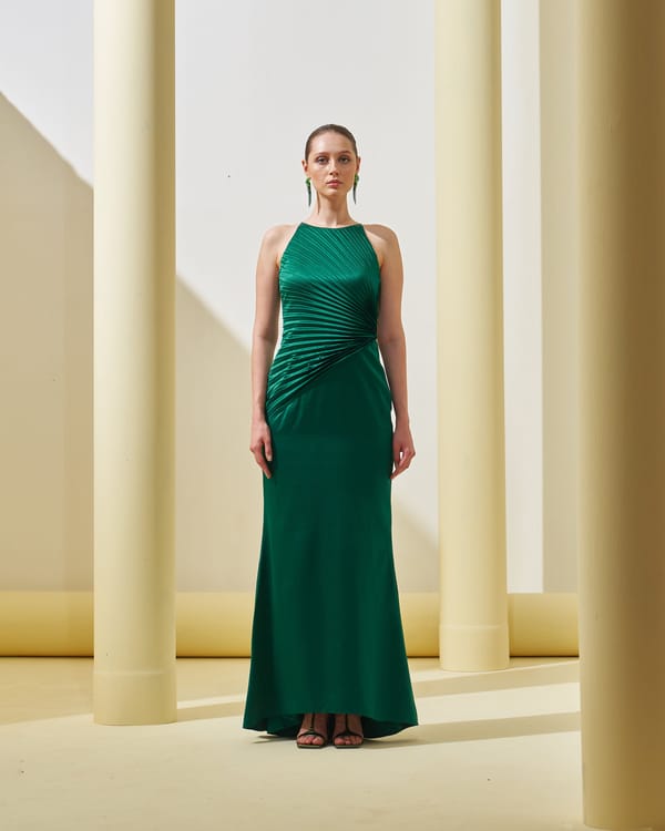 Green Pleated Drape Maxi Gown — Pleats by Aruni