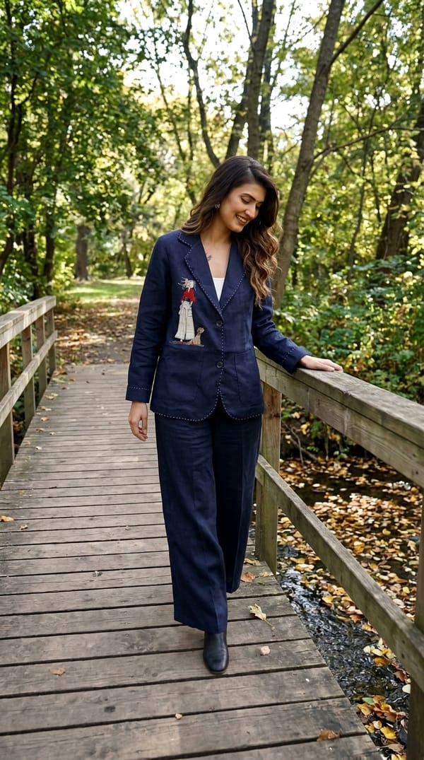 Navy Girl & Dog Emb Blazer — Linen Bloom