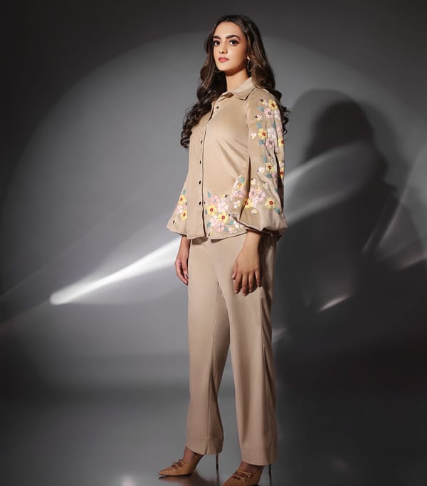 Beige Velvet Floral Applique Shirt and Trouser Co-ord Set — RUCHIKA  MALLIKA LABEL