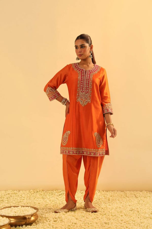 Orange Silk Chanderi Embroidered Kurta Set with Dhoti — Sheetal Batra