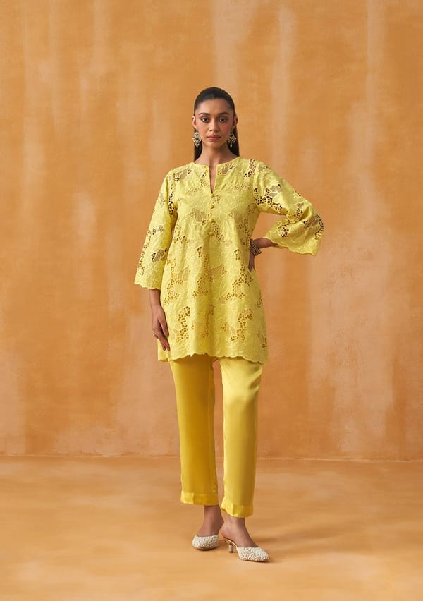 Adaa Cutwork Co-ord Set (Yellow) — AMOSHI