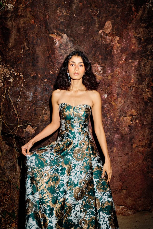 Multi Floral Brocade Sweetheart Fit and Flare Maxi Gown — Dash and Dot