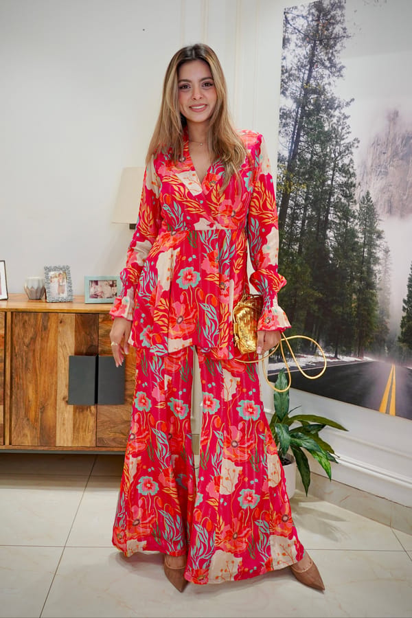 Red Tropical Floral Wrap Top and Wide-Leg Co-ord Set — Designs by Queen Bee