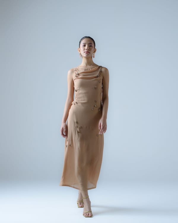 Beige Silk Georgette Midi Slip Dress with Cowl Neck — MAGIA