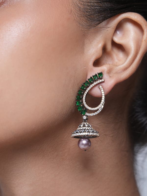 Designer Black Polish AD Jhumki Earrings — Cao Jewellery