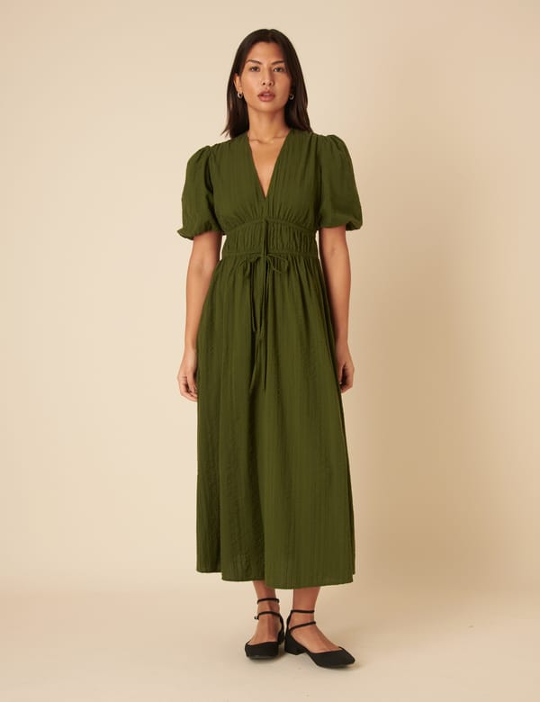 Khaki V-Neck Puff Sleeve Shirred Waist Midi Dress — Nobody's Child