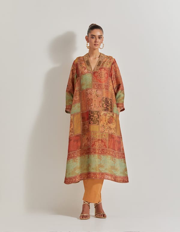 Multicolour Patchwork Print Kurta Set with Embellished V-Neck — Kavita Bhartia