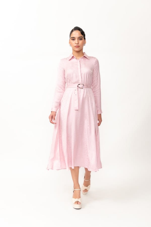 Pink Belted Midi Shirt Dress in Python Jacquard — Contemponari