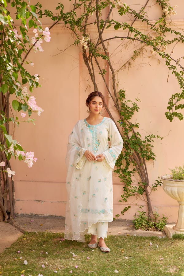 Ivory Chanderi Embroidered Straight Suit Set with Dupatta — NARAYANI VASTRA
