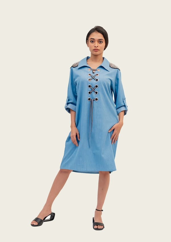 Blue Cotton Denim Dress with Embroidery — Richa Goenka