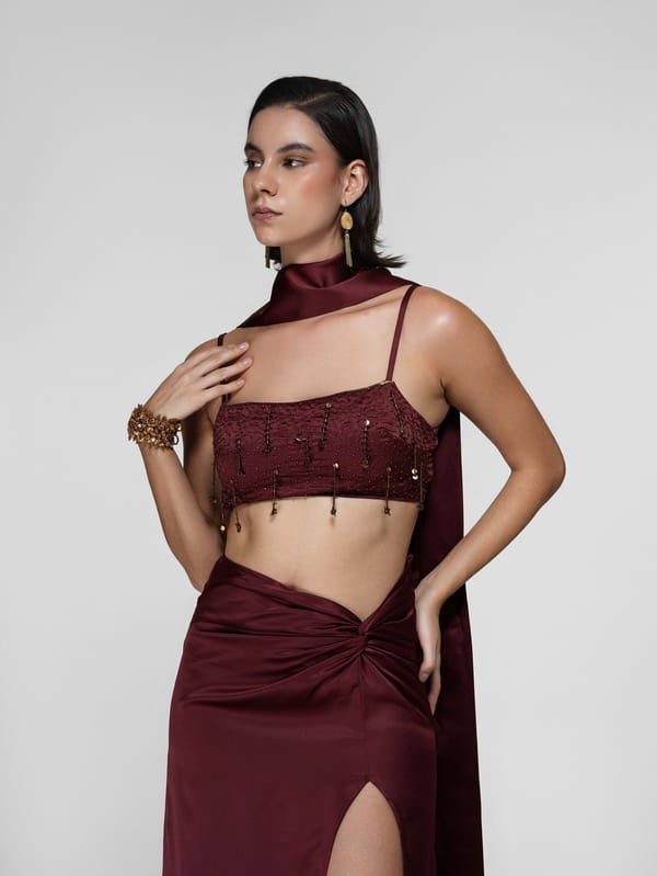 Hanging Bead Fringe Cropped Satin Top with Scarf — The Clothing Factory
