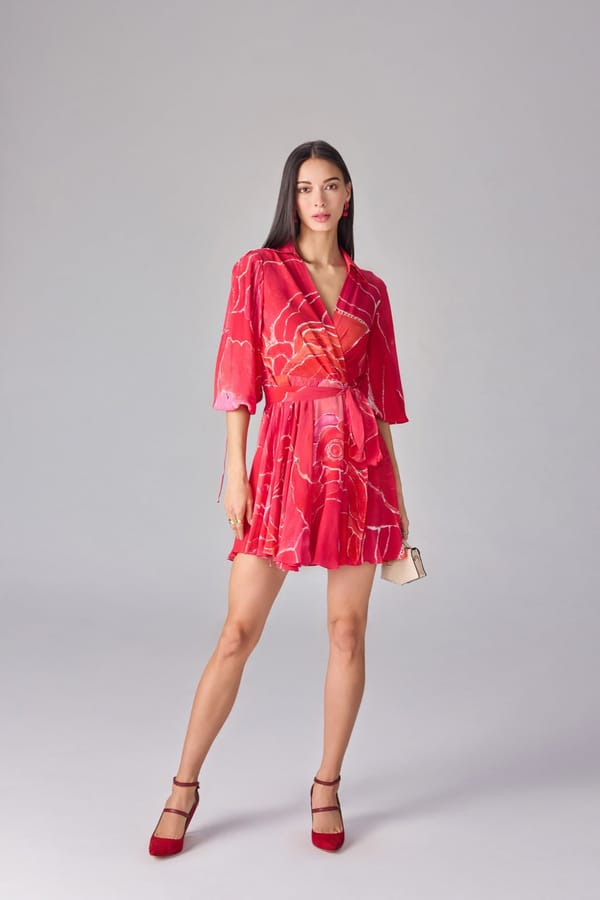 Pink Abstract Floral Wrap Mini Dress With Detachable Belt — Saaksha and Kinni