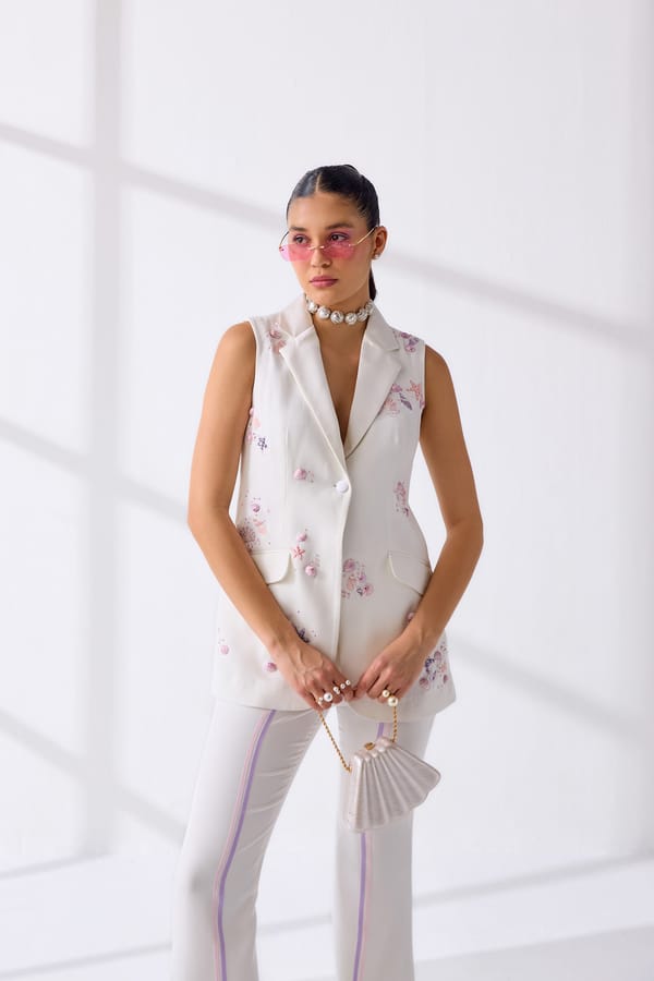 White Sleeveless Embroidered Blazer with Satin Lapel — Our Love