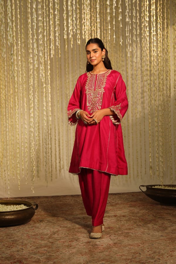 Hot Pink Silk Dupion Embroidered Kurta Set with Salwar — Sheetal Batra