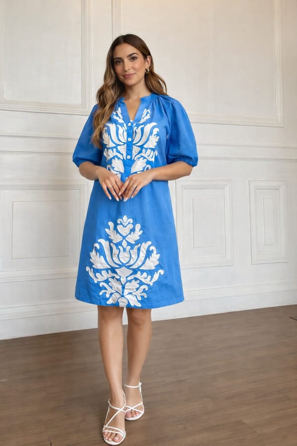 Blue Cotton Poplin Printed Knee-Length Shirt Dress — Younglings