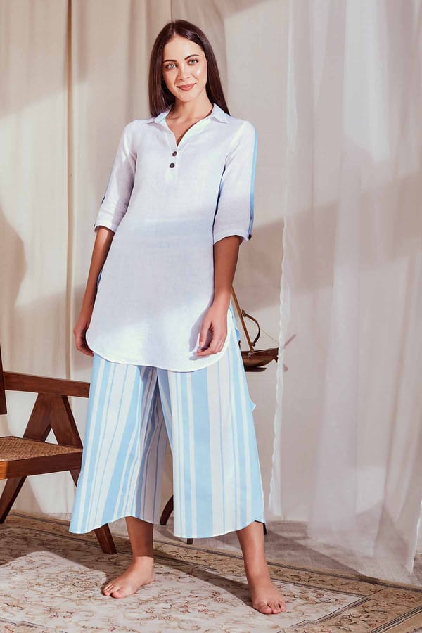White Linen Colorblocked Straight Kurta with Collar — YELL
