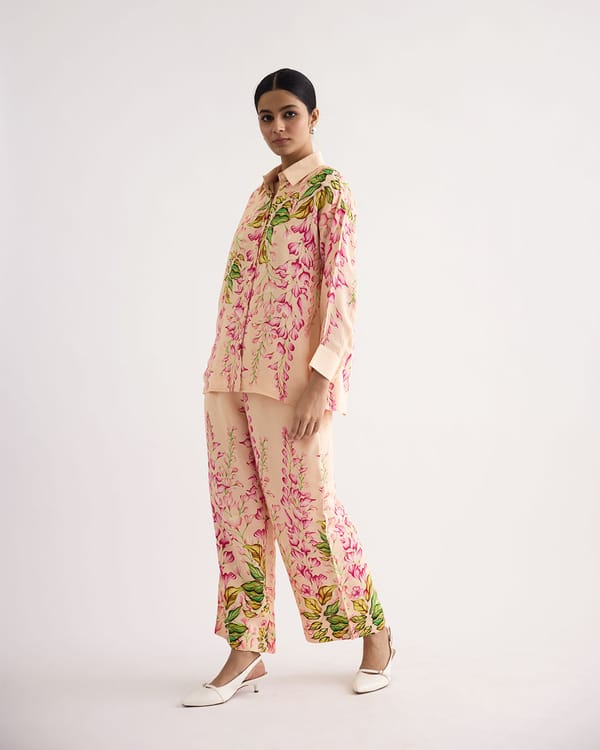 Peach Floral Printed Shirt and Wide-Leg Pants Co-ord Set — THE FINICKY COLORIST