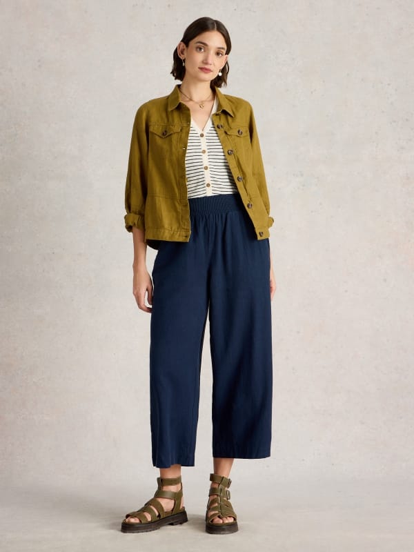 Dark Navy Pull-On Culotte Trousers with Smocked Waist — White Stuff