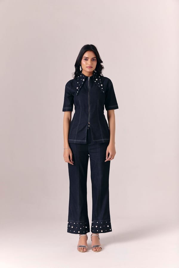 Black Denim Zip-Front Co-ord Set with Pearl Details — Savaaya