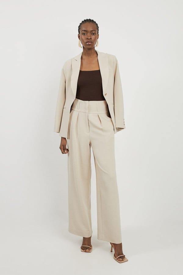 Beige High-Waisted Pleated Wide-Leg Trousers — KAREN MILLEN