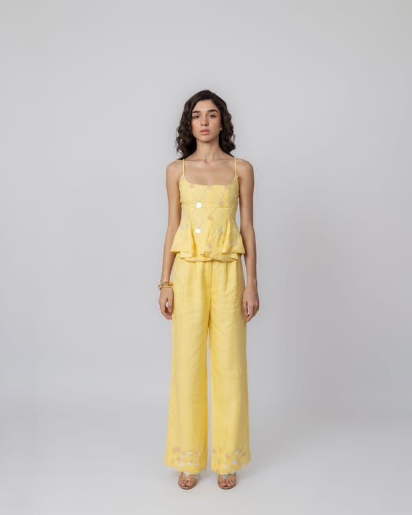 Butter Yellow Linen Wide-Leg Trousers with Sequin Hem — MAGIA