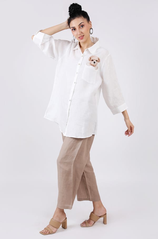 White Linen Lounge Shirt with Dog Embroidery — Linen Bloom