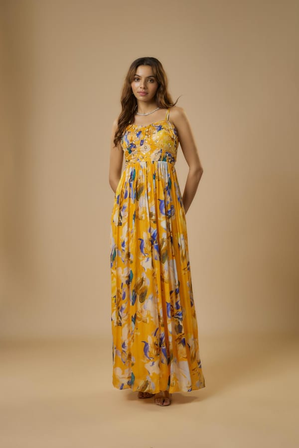 Yellow Floral Embroidered Maxi Dress — EWOKE STUDIO