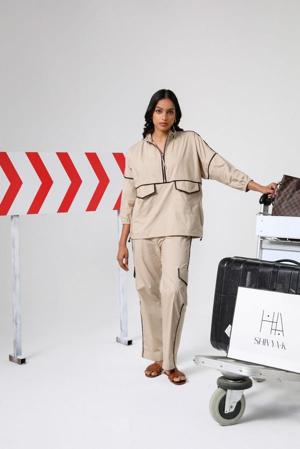Beige Twill Cotton Utility Co-ord Set with Brown Edging — Shivya K