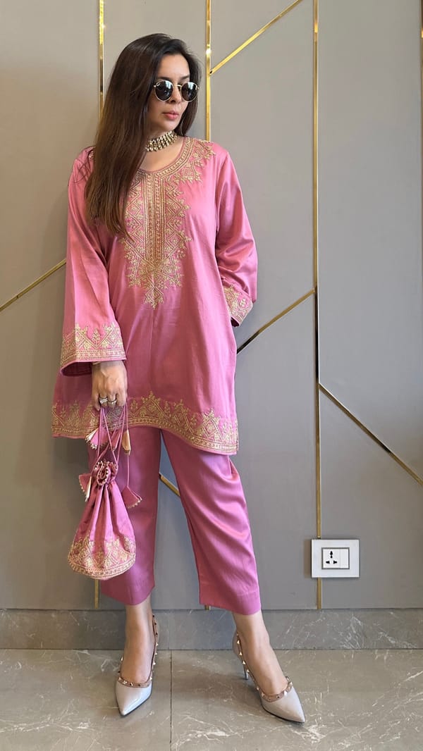 Pink Cotton Embroidered Kashmiri Co-ord Set — Kylee Fashions