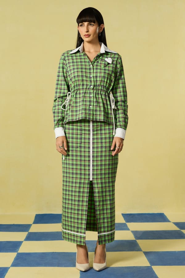 Green and White Plaid Shirt and Maxi Skirt Co-ord Set — BELONG