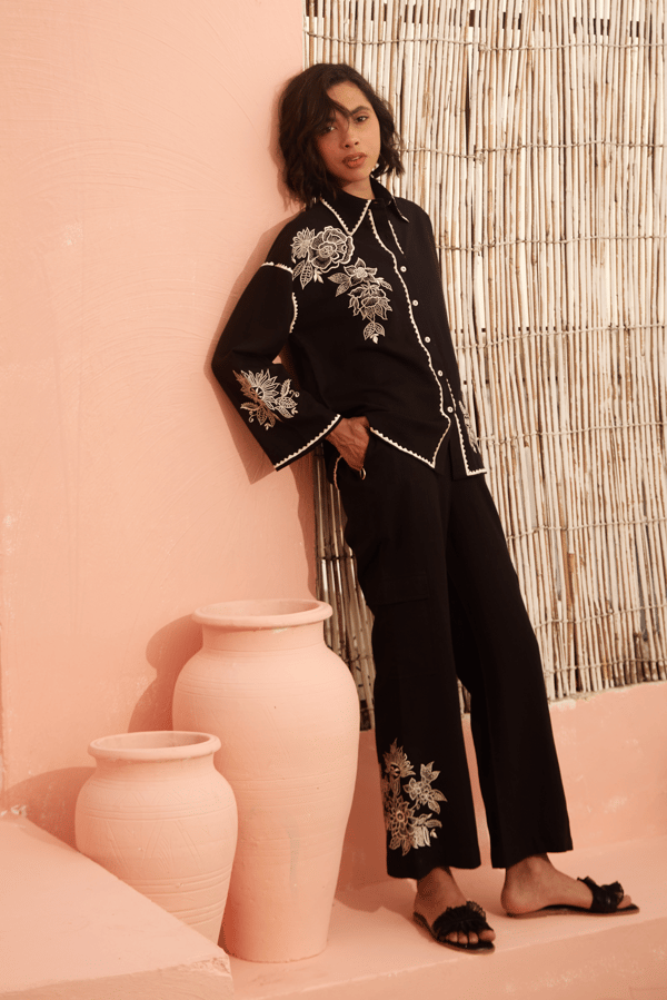 Black Linen Embroidered Shirt and Flared Pants Co-ord Set — Armoire