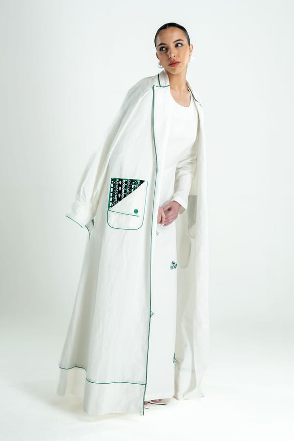 Ivory Longline Cotton-Linen Abaya Jacket with Piping — Our Love
