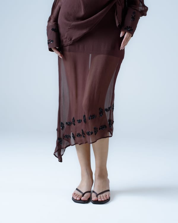 Dark Brown Silk Chiffon Asymmetric Midi Skirt — MAGIA