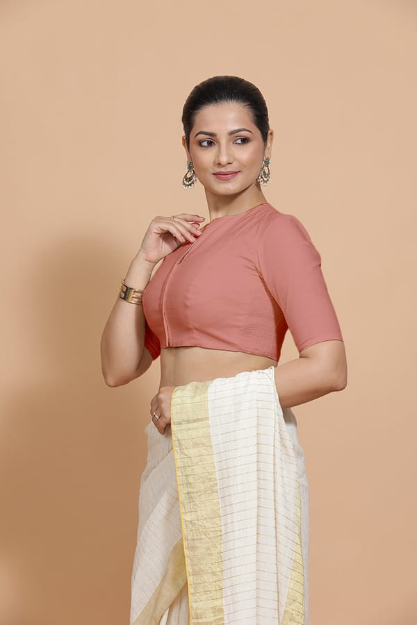 Soft Peach Cotton Round Neck Elbow Sleeve Saree Blouse — BINKS