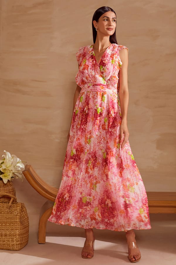 Pink Green Floral Pleated Georgette Maxi Dress — BOHO-CHIC