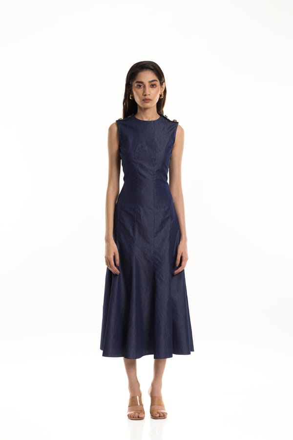 Denim Blue Sleeveless Fit and Flare Midi Dress — Studio MuGu