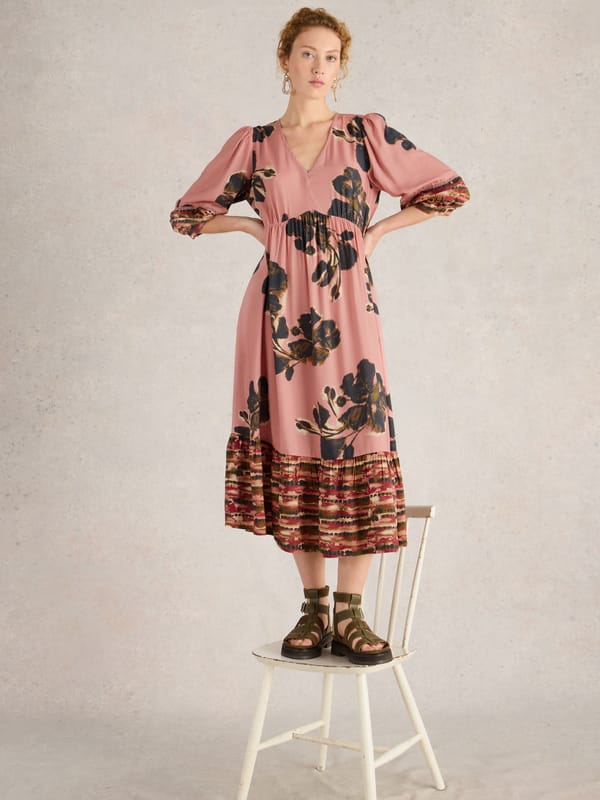 Pink Floral V-Neck Tiered Midi Dress — White Stuff