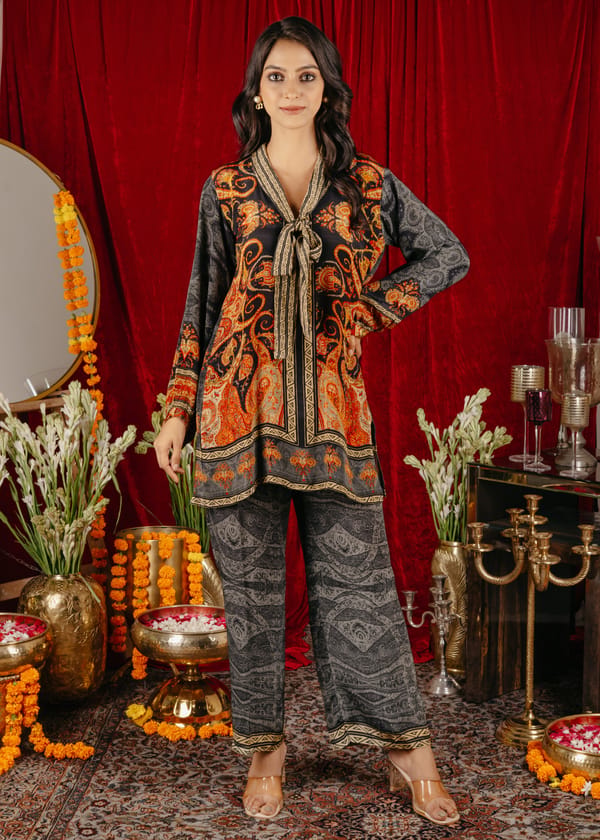 Orange and Black Printed Tunic and Wide-Leg Co-ord Set — Chakkraa