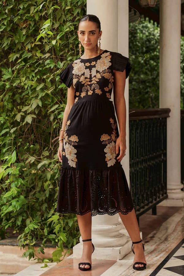 Black Linen Embroidered Fit and Flare Midi Dress — BOHO-CHIC